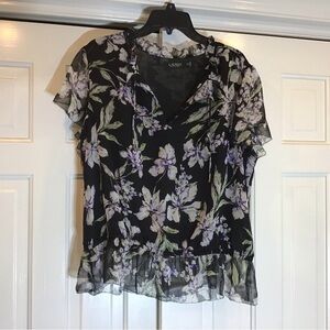 Lauren Ralph Lauren Black Chiffon Floral Blouse SzXL Timeless Feminine Casual